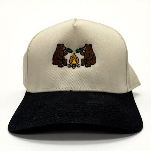 Campfire Bears Embroidered Hat | Cream & Black Snapback - Picture 1 of 2